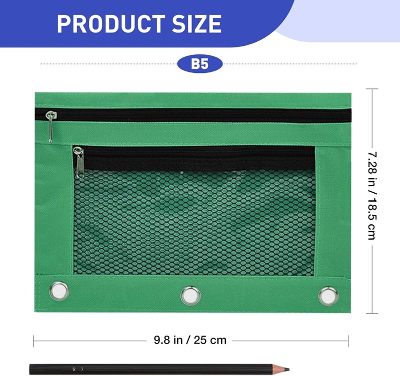 ASBEFORE Pencil Pouch for 3 Ring Binder - 3 Hole Zipper Pen Case Bag Holder Bulk Accessories Clear Window Aesthetic Organizer Pockets (Green, 1) - Image 2